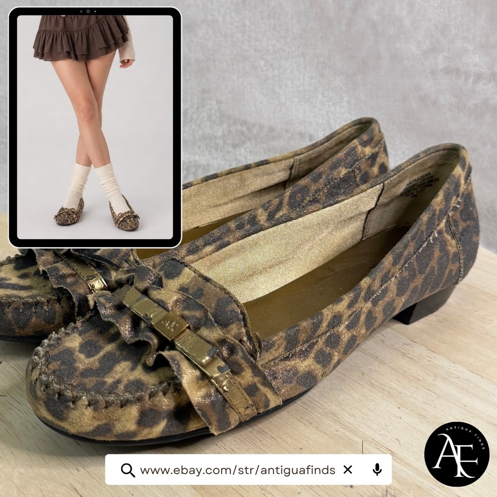 AK Anne Klein iFlex Karena Leopard Print Ruffle Loafers Gold Hardware 8M